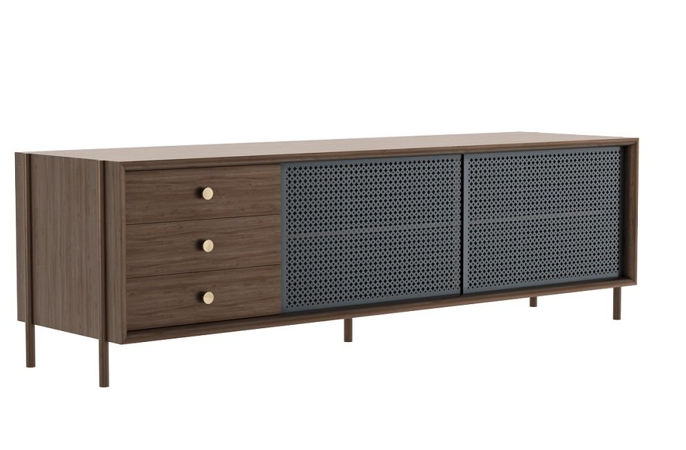Gabin Sideboard von Hartô mit drei Schubladen und grauen Schiebetüren mit Rattanmuster.