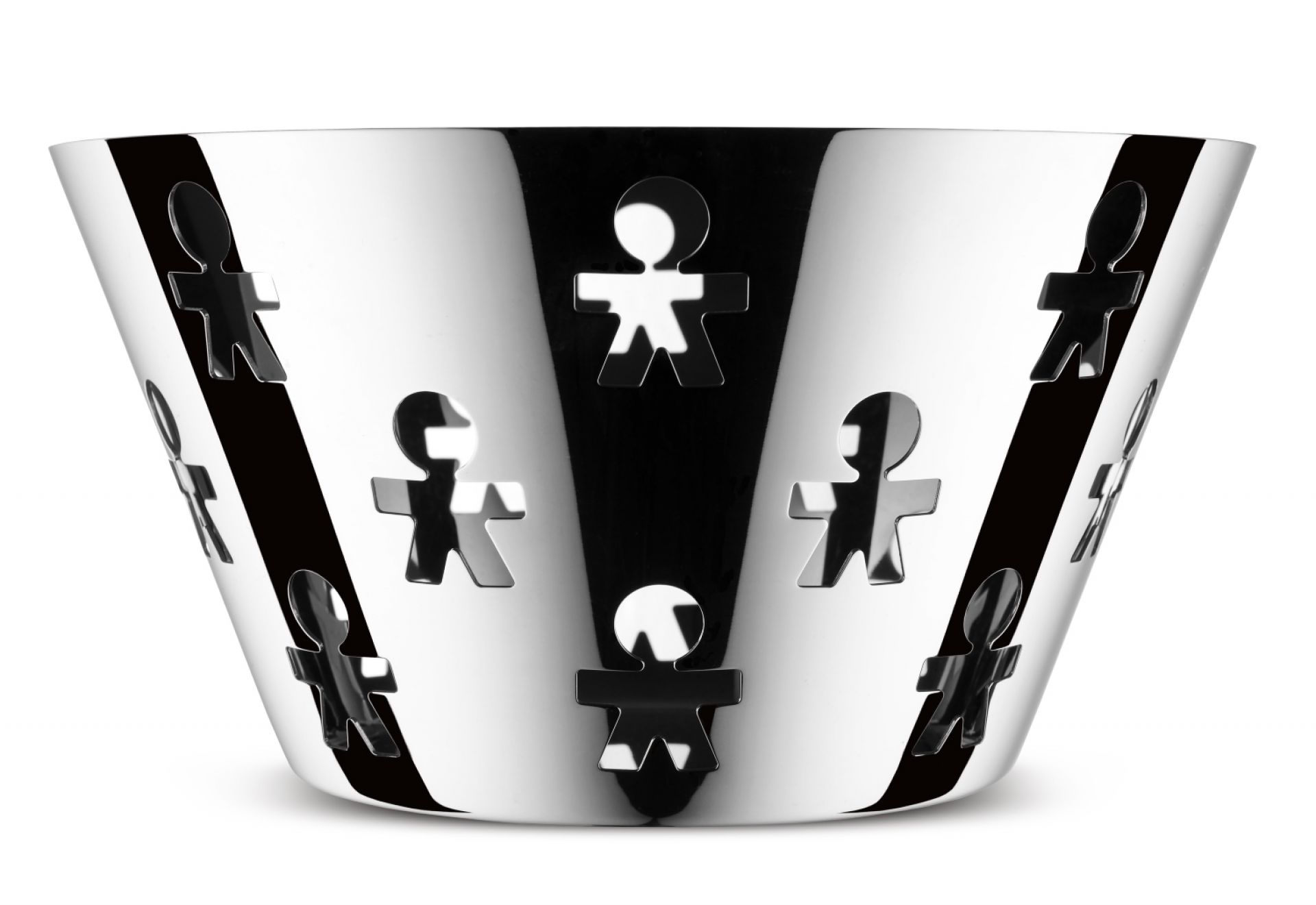 Girotondo Obstschale von Alessi, aus glänzendem Edelstahl mit ausgeschnittenen Figuren, modernes Design für Obst und Dekoration.