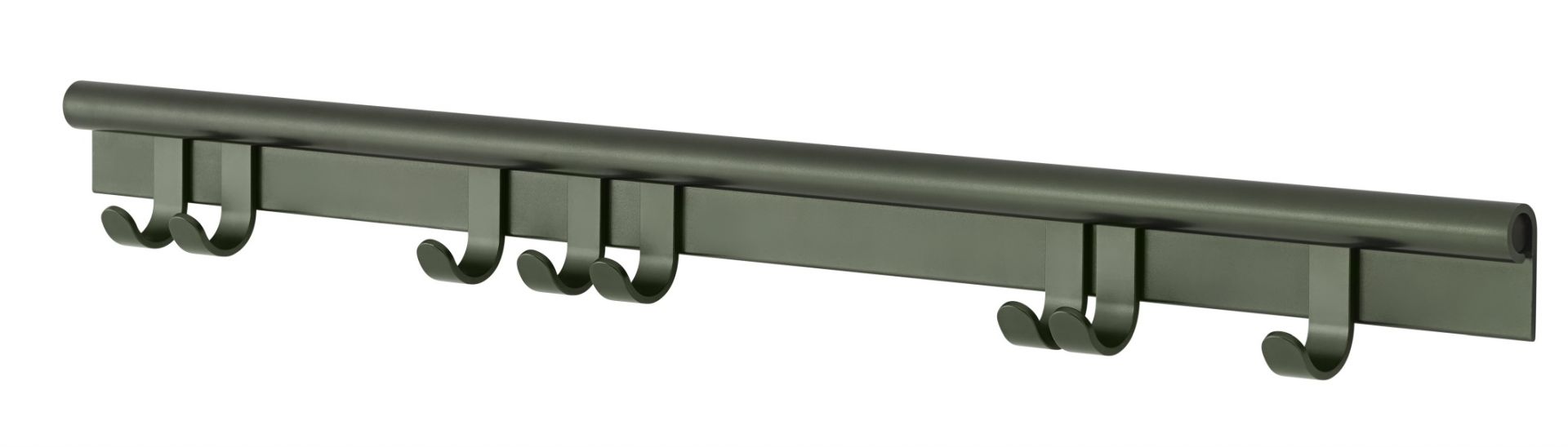 Muuto Coil Coat Rack Wandgarderobe in Dunkelgrün mit fünf Haken für Jacken und Accessoires.