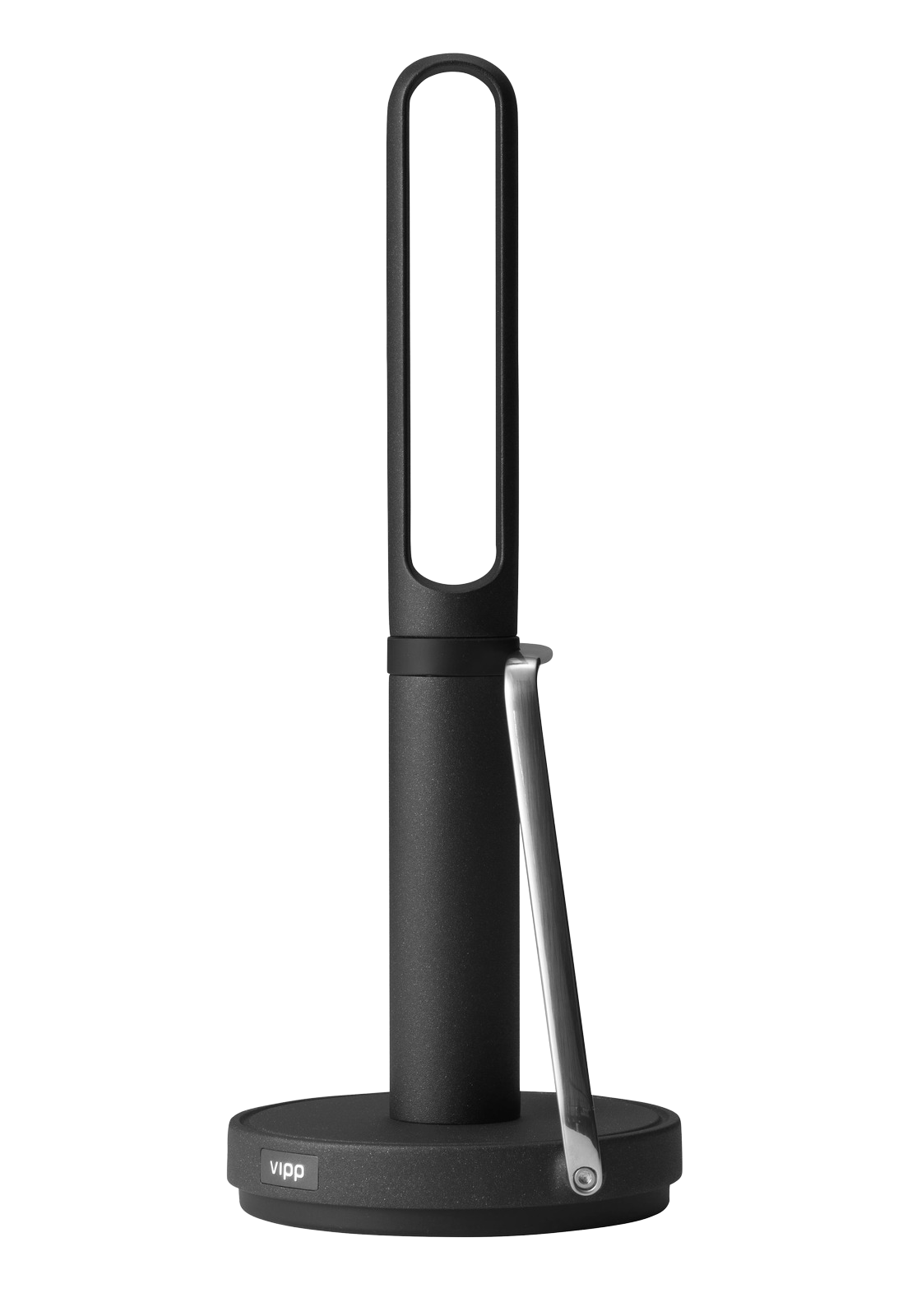 Schwarzer Vipp Küchenrollenhalter aus Stahl und Gummi mit Abreißarm für die Küche.