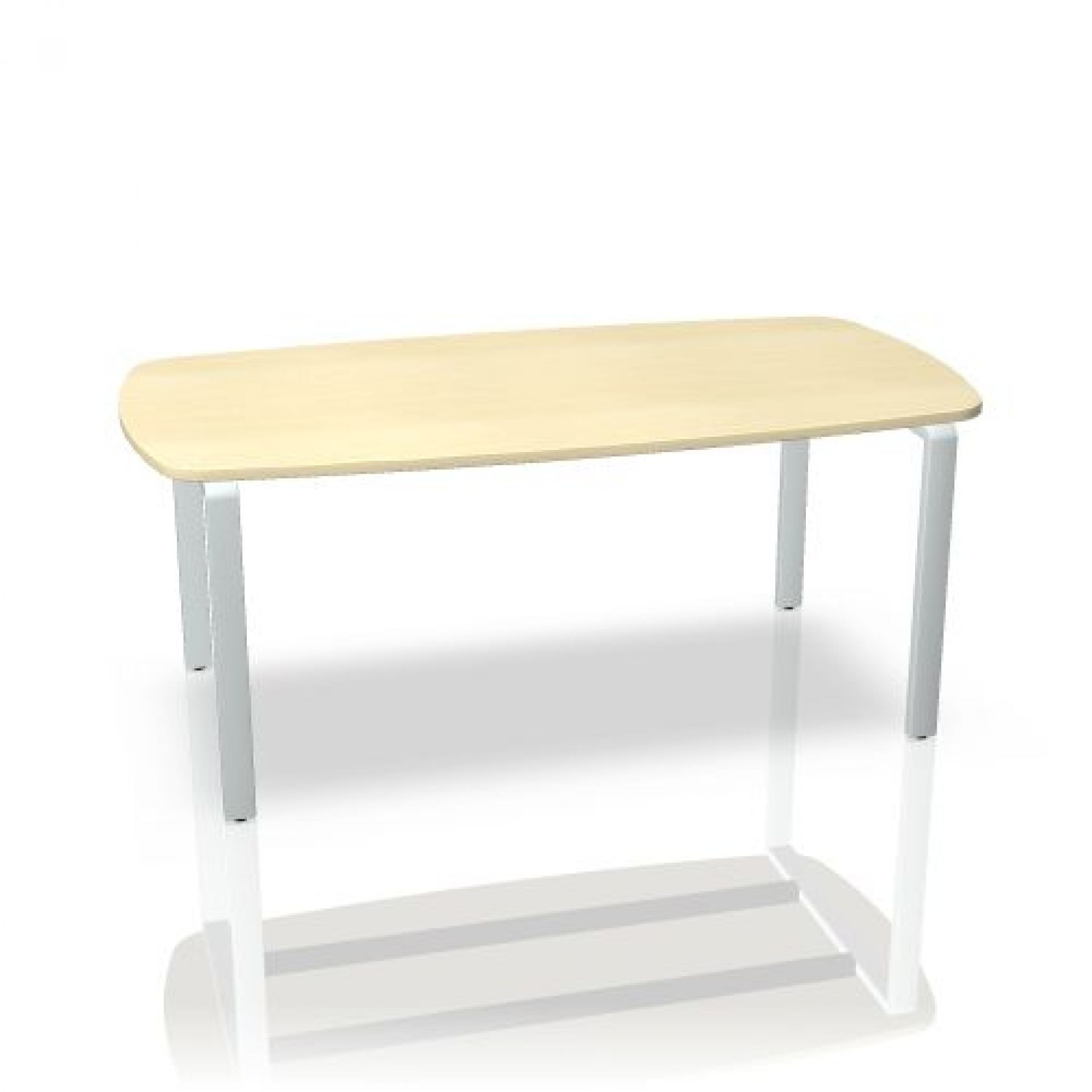 Pensum Besprechungstisch von Palmberg mit ellipsenförmiger, heller Tischplatte und silbernen Beinen. Büromöbel für Konferenzräume.