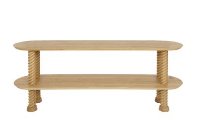 The Hansen Family Rope Shelf #80 aus Eiche, modernes Holzregal mit zwei Ablagen.