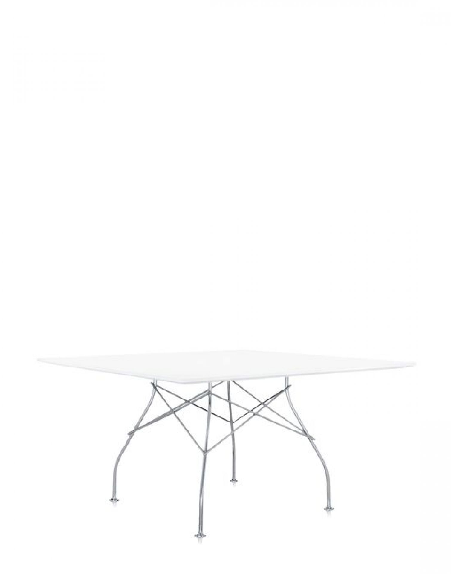 Weißer, quadratischer Glossy Tisch von Kartell mit verchromtem Stahlgestell. Moderner Esstisch für Wohnzimmer und Essbereich.