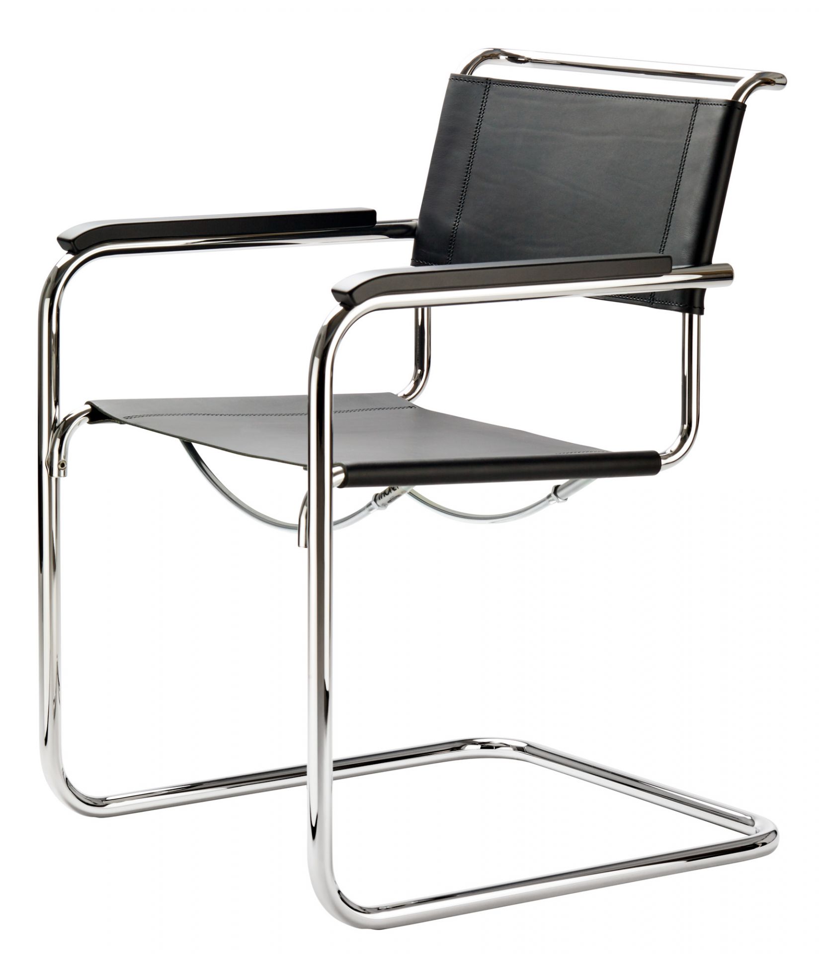 S 34 Freischwinger von Thonet mit schwarzem Leder und verchromtem Stahlrohr Gestell. Designklassiker Stuhl.