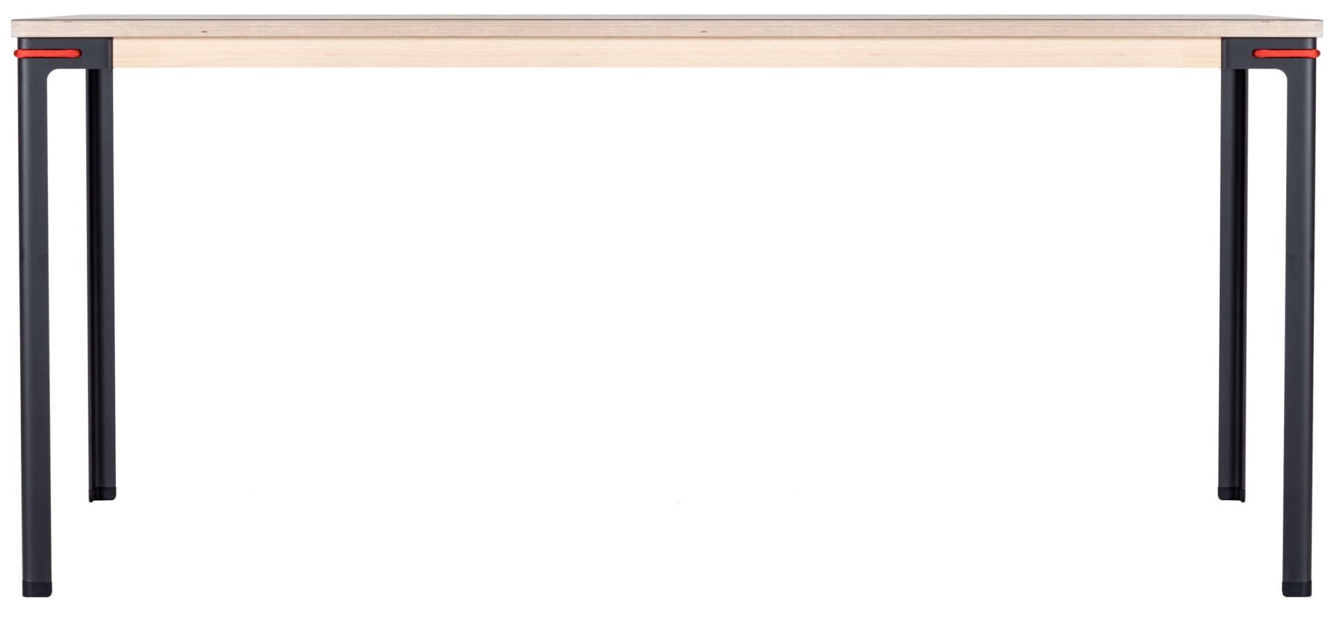 Seiltänzer Tisch von Moormann: Heller Holztisch mit schwarzen Beinen und roter Seil-Verbindung.