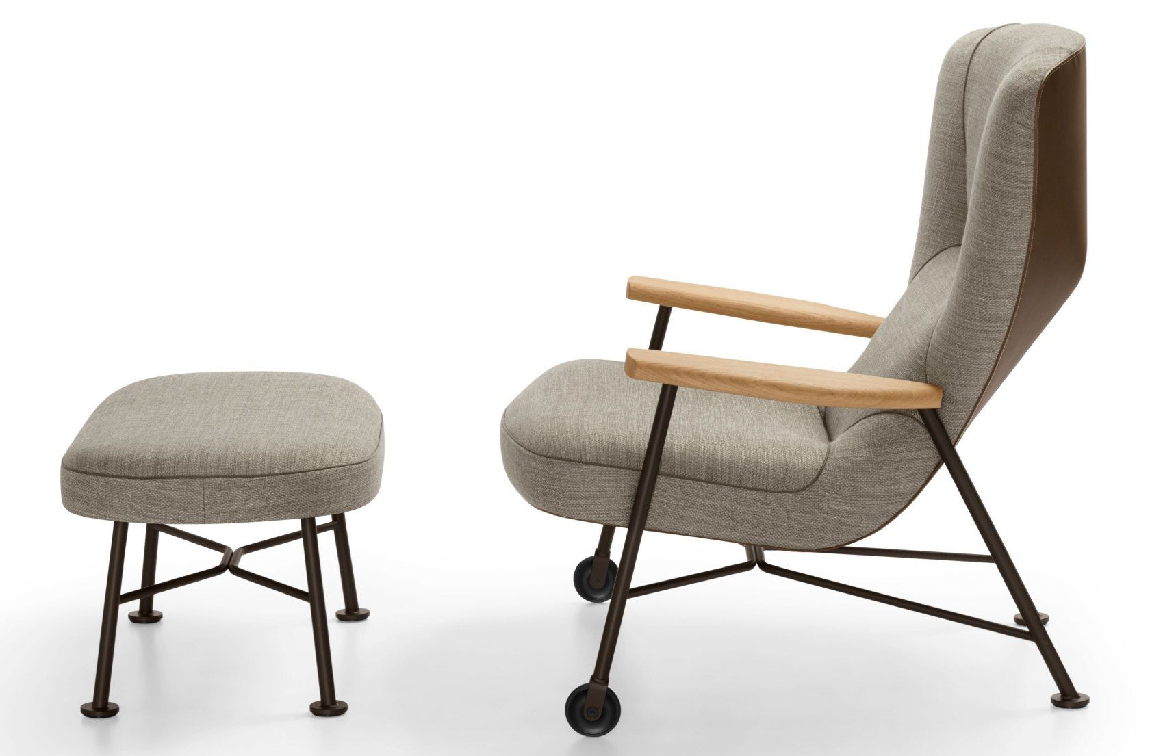 Moderner Shinzo Lounge Chair Sessel von Walter Knoll mit passendem Hocker, Stoffbezug und Holzarmlehnen.