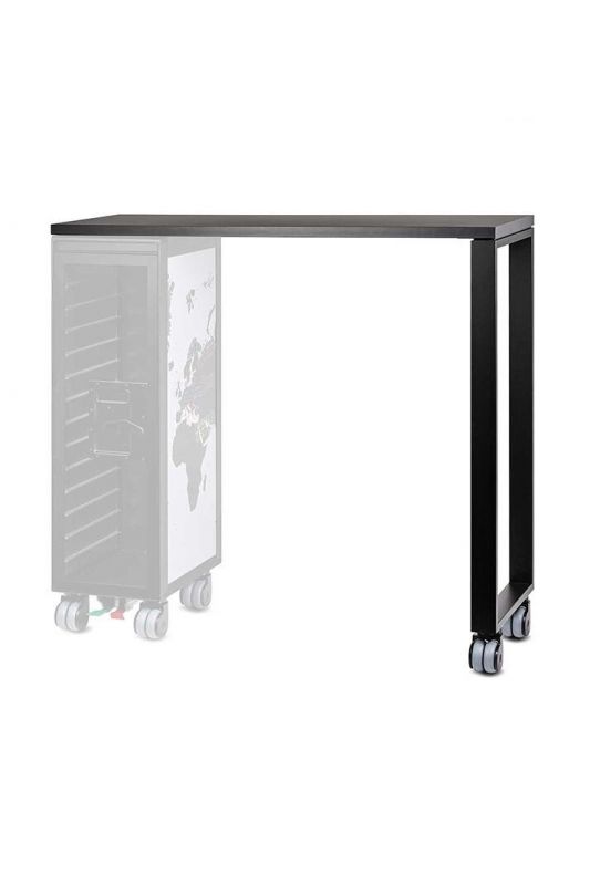 Schwarzer Hightable Tisch mit Bordbar-Integration und Rollen, ideal für moderne Büros und Wohnräume.