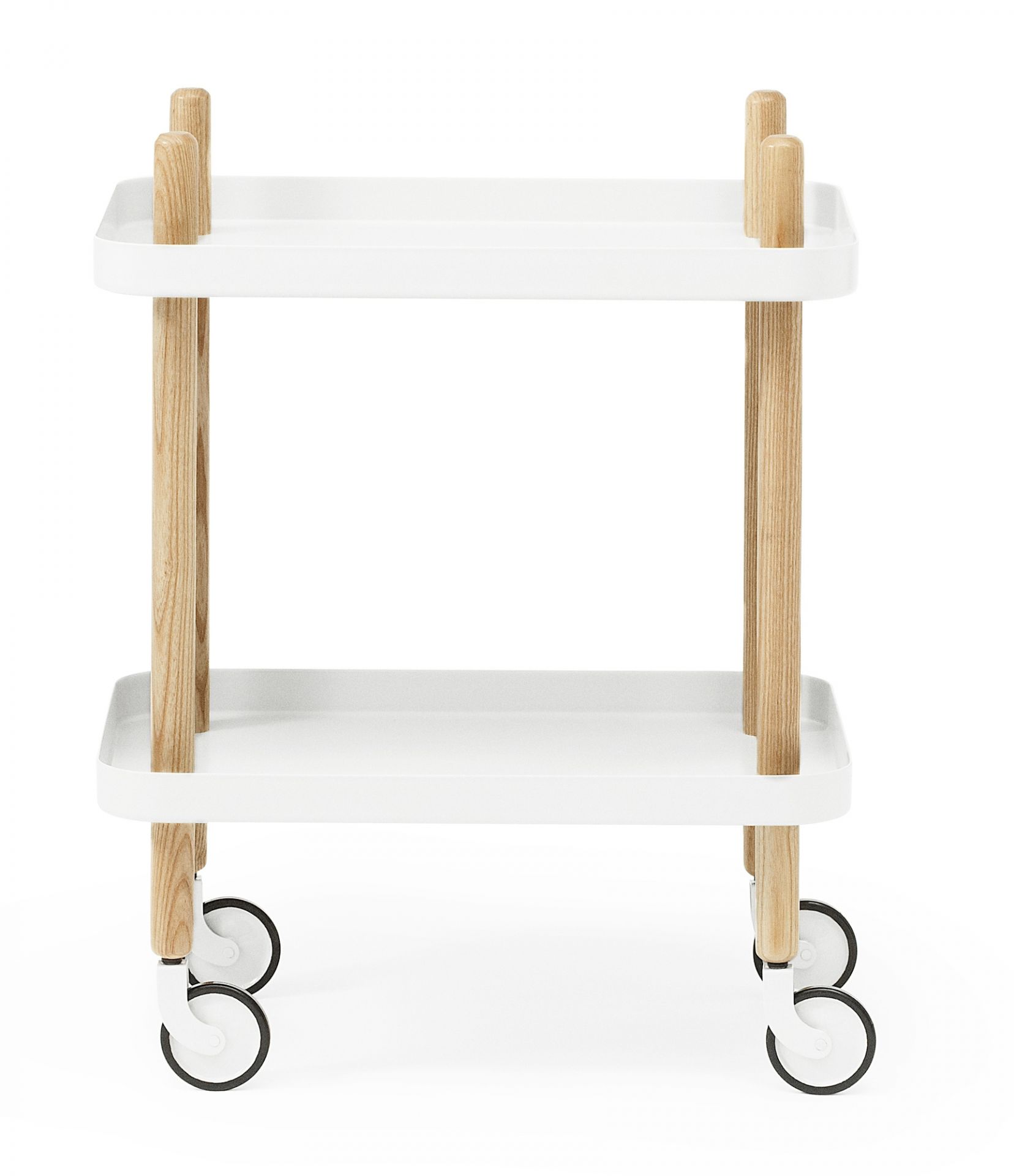 Weißer Block Table Servierwagen von Normann Copenhagen mit zwei Ablageflächen und Holzbeinen.