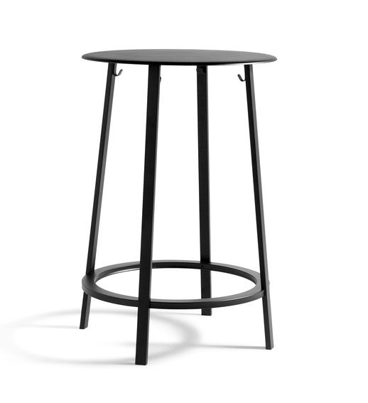 Schwarzer Revolver Table von Hay: Stehtisch mit runder Tischplatte und Fußstütze aus Stahl.