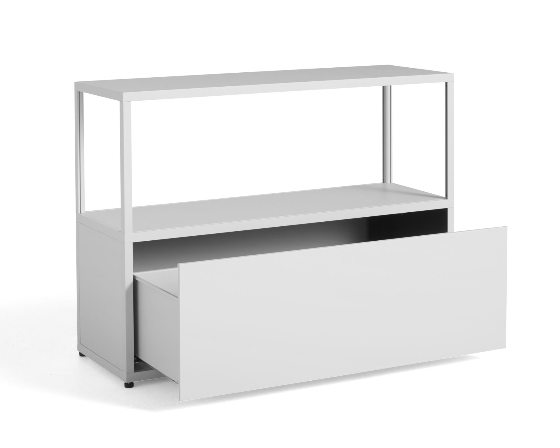 Weißes New Order Sideboard von Hay mit offener Schublade und Regalen.