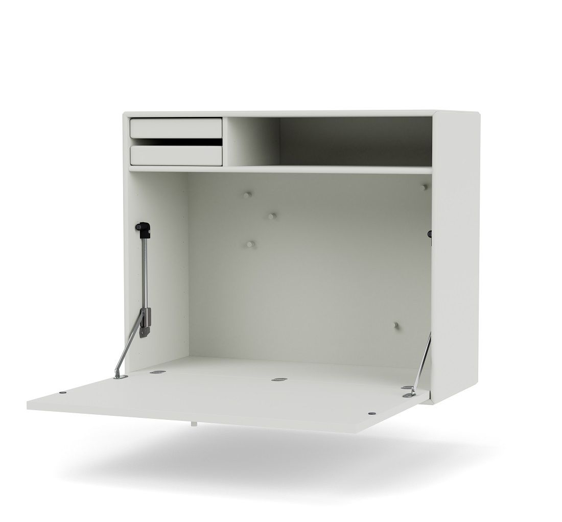 Geöffneter, weißer STUDIO Sekretär Montana mit Schubladen und Ablagefläche. Moderner Wandsekretär für Homeoffice.