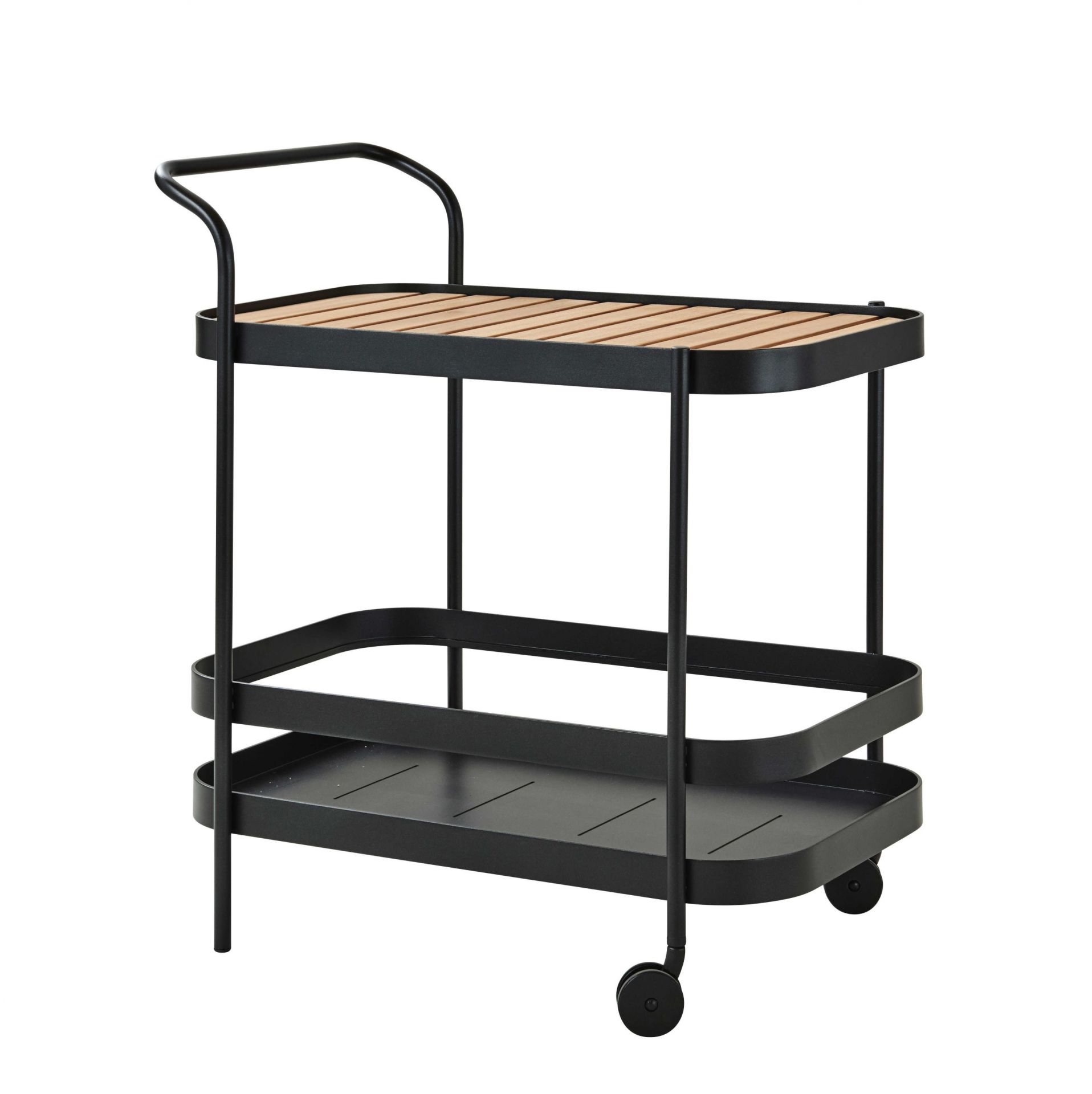 Lavagrauer Rollbarwagen von Cane-Line mit Holztablett und zwei Ablageflächen auf Rollen.