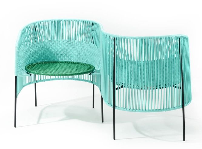 Caribe Vis a Vis Bank: Türkis-grüne Outdoor-Bank mit schwarzem Gestell für Garten und Terrasse.