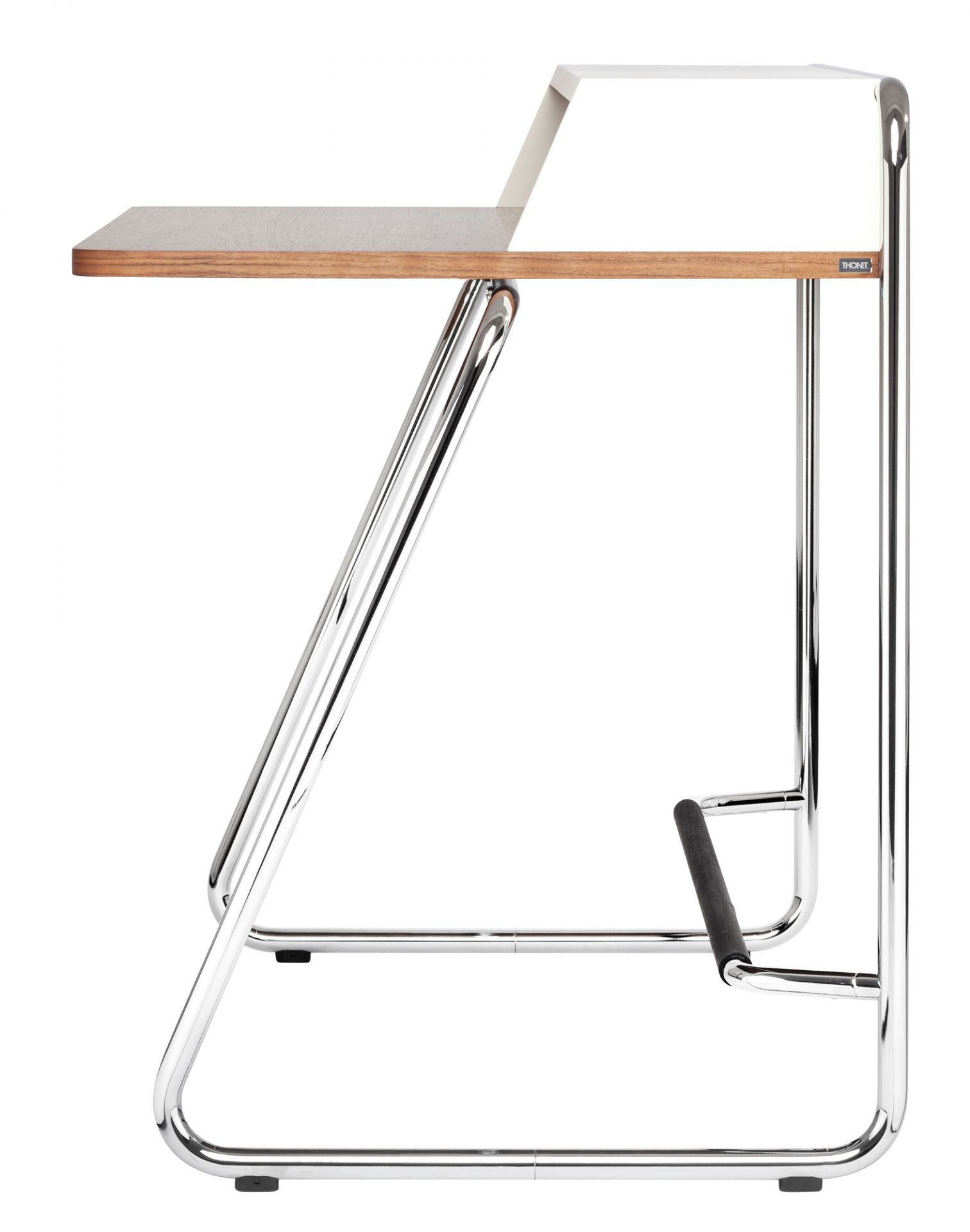 S 1200 Thonet Sekretär: Moderner Schreibtisch mit Holzplatte und verchromtem Stahlrohrgestell, seitliche Ansicht.