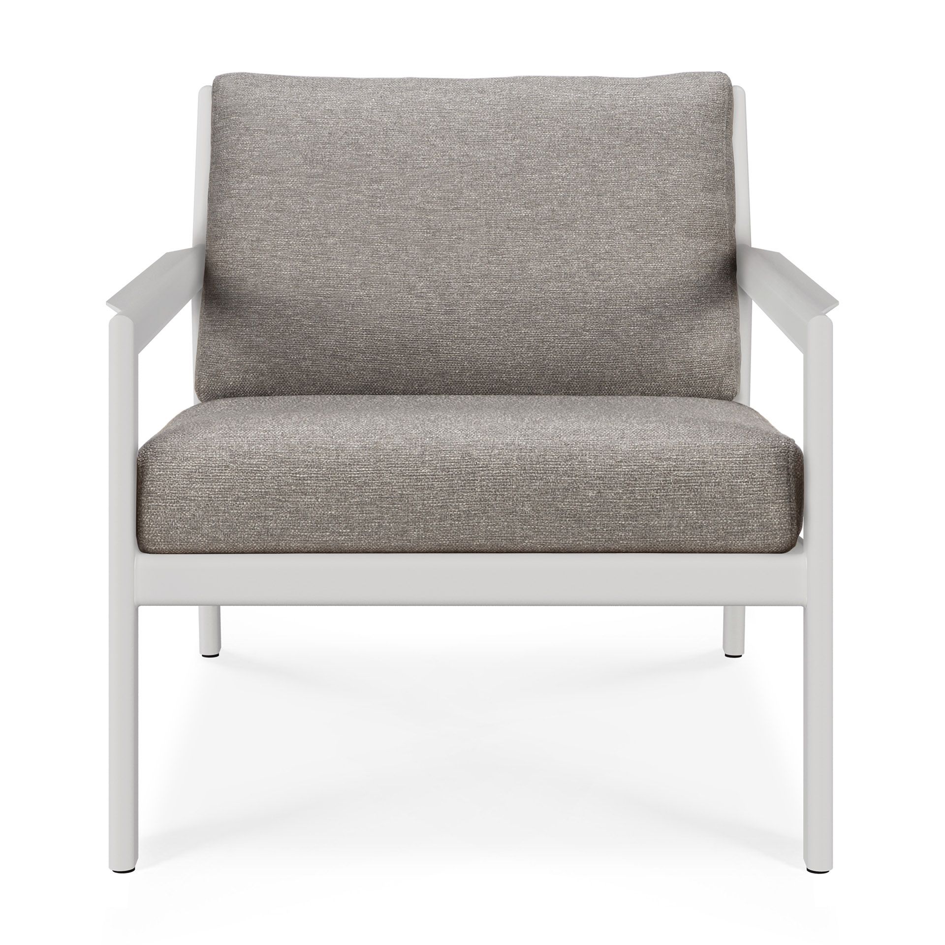 Jack Outdoor Loungesessel mit weißem Aluminiumrahmen und grauen Kissen für Garten oder Terrasse.
