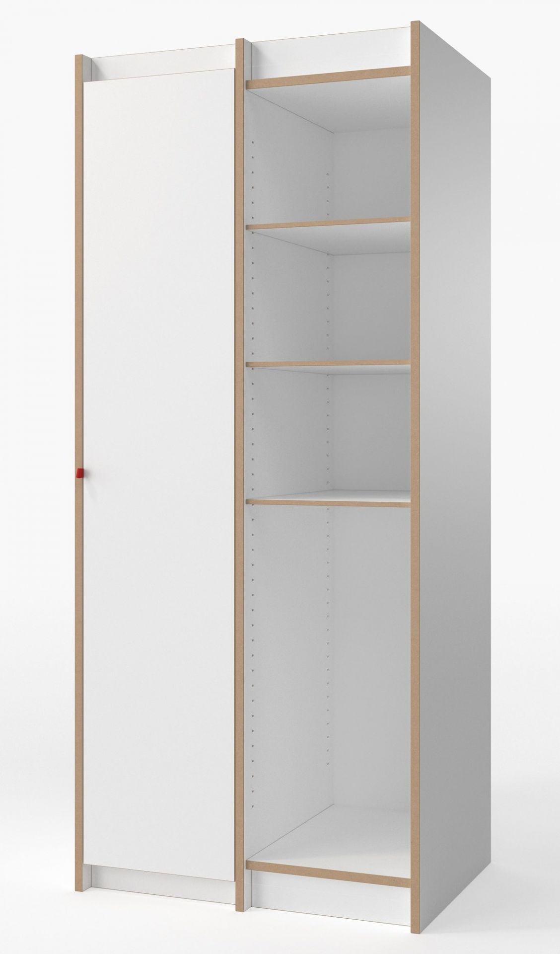 Weißes Steh Schrank Anbaumodul von Tojo mit Tür und offenen Regalfächern für Stauraum.