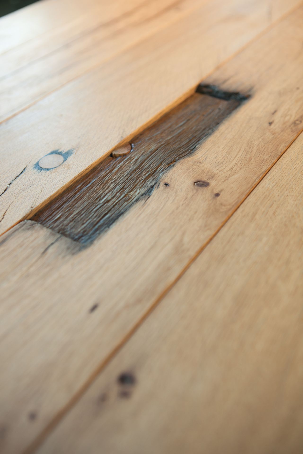 Detailaufnahme der geölten Eichenholz-Tischplatte BB 11 Clamp von Janua mit Astloch und Maserung.
