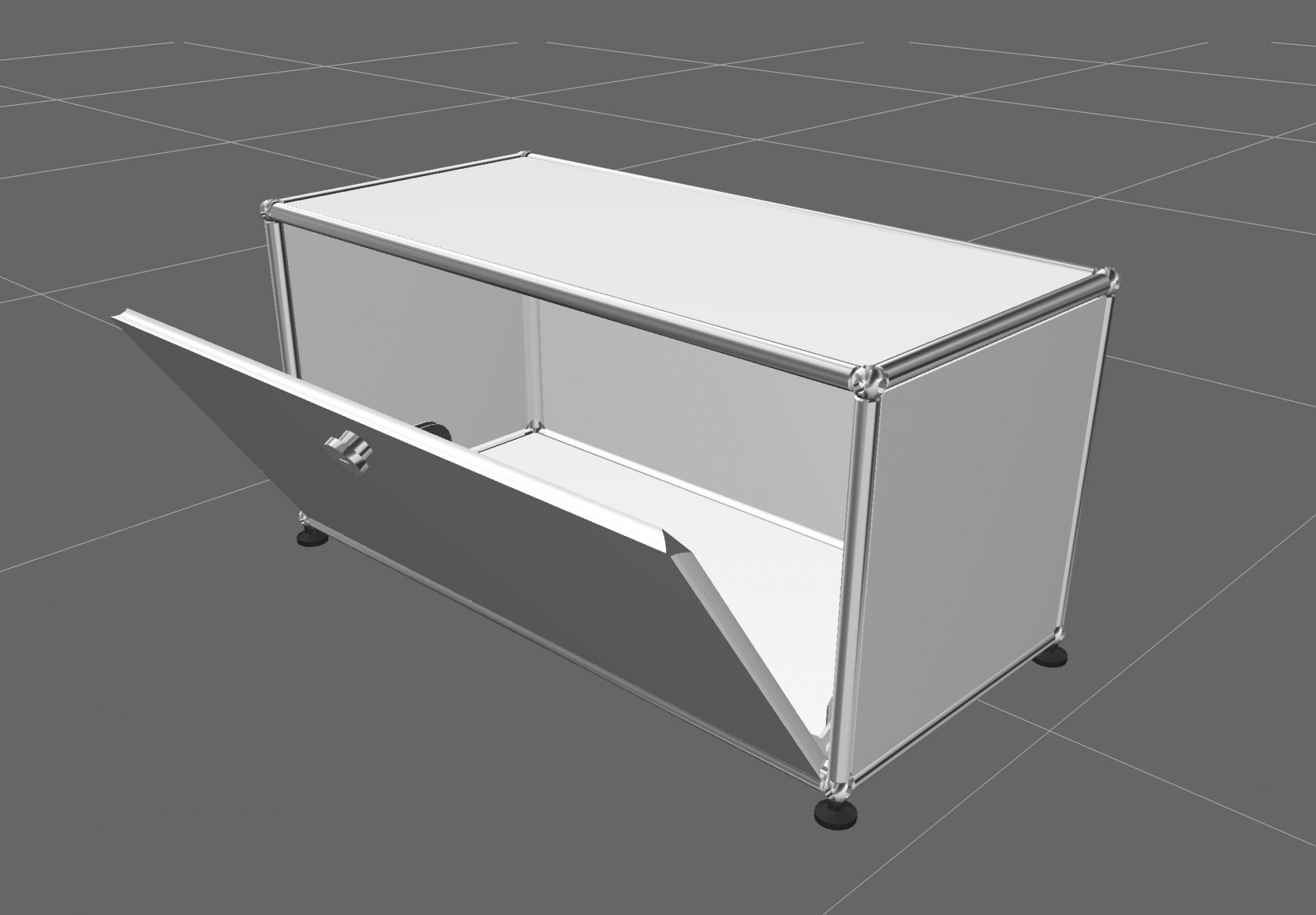 USM Haller Lowboard in Reinweiß mit offener Klappe, modernes Designmöbel für stilvolles Wohnen.