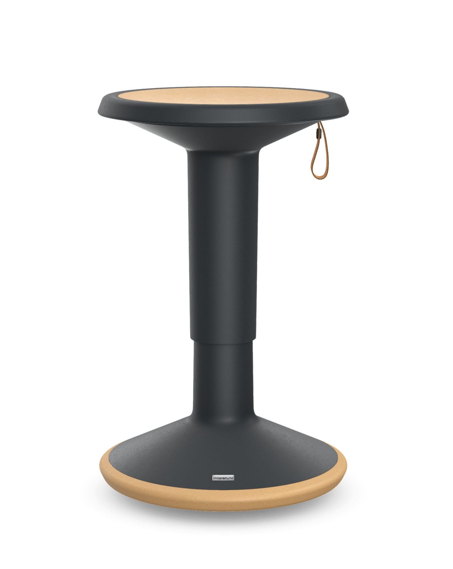 ECO UP Sitzhocker von Interstuhl, ein ergonomischer Stehhocker in Anthrazit mit Holzdetails.