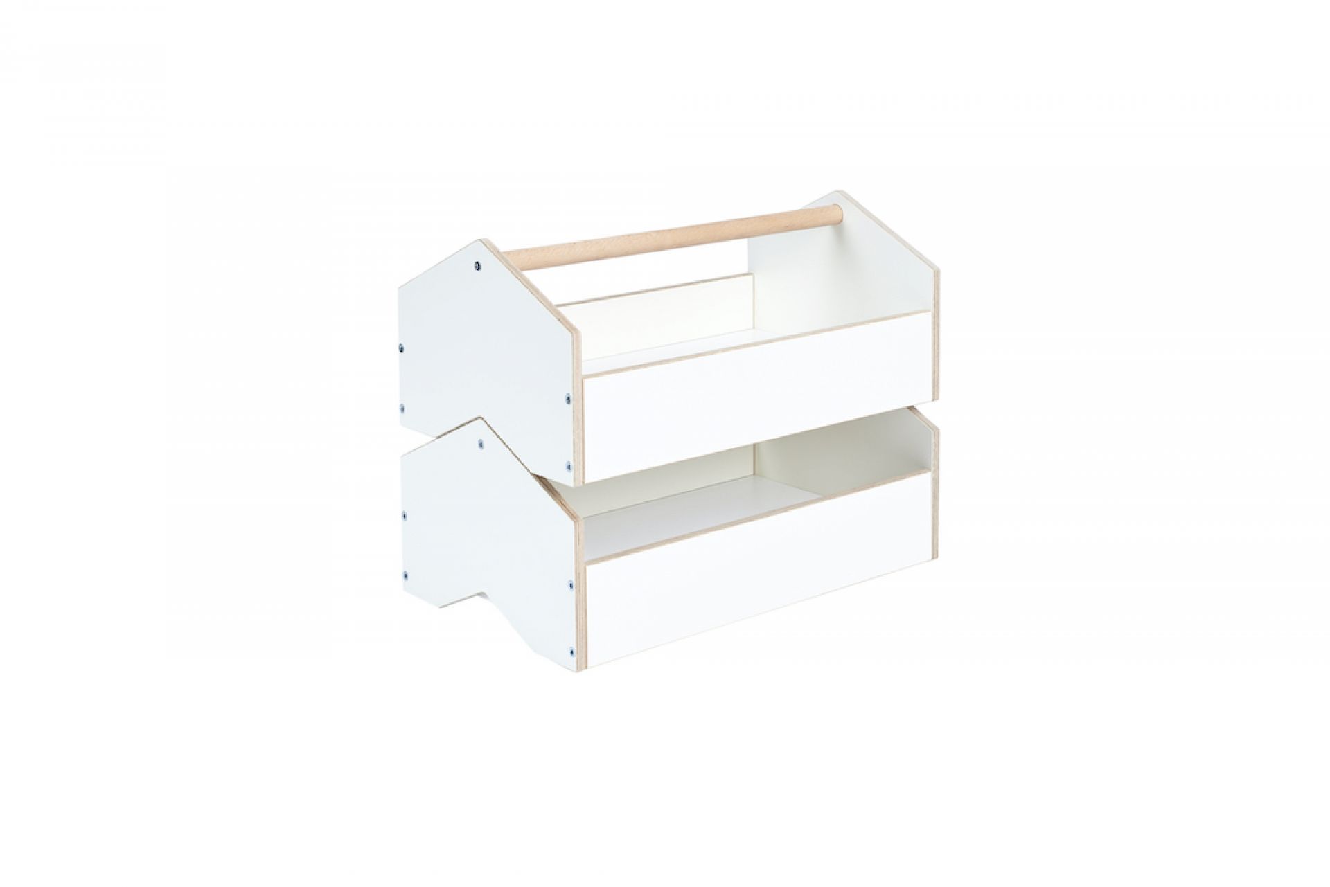 Tojo Kids Werkzeugkiste aus Holz, weiß lackiert, mit zwei Fächern und Tragegriff.