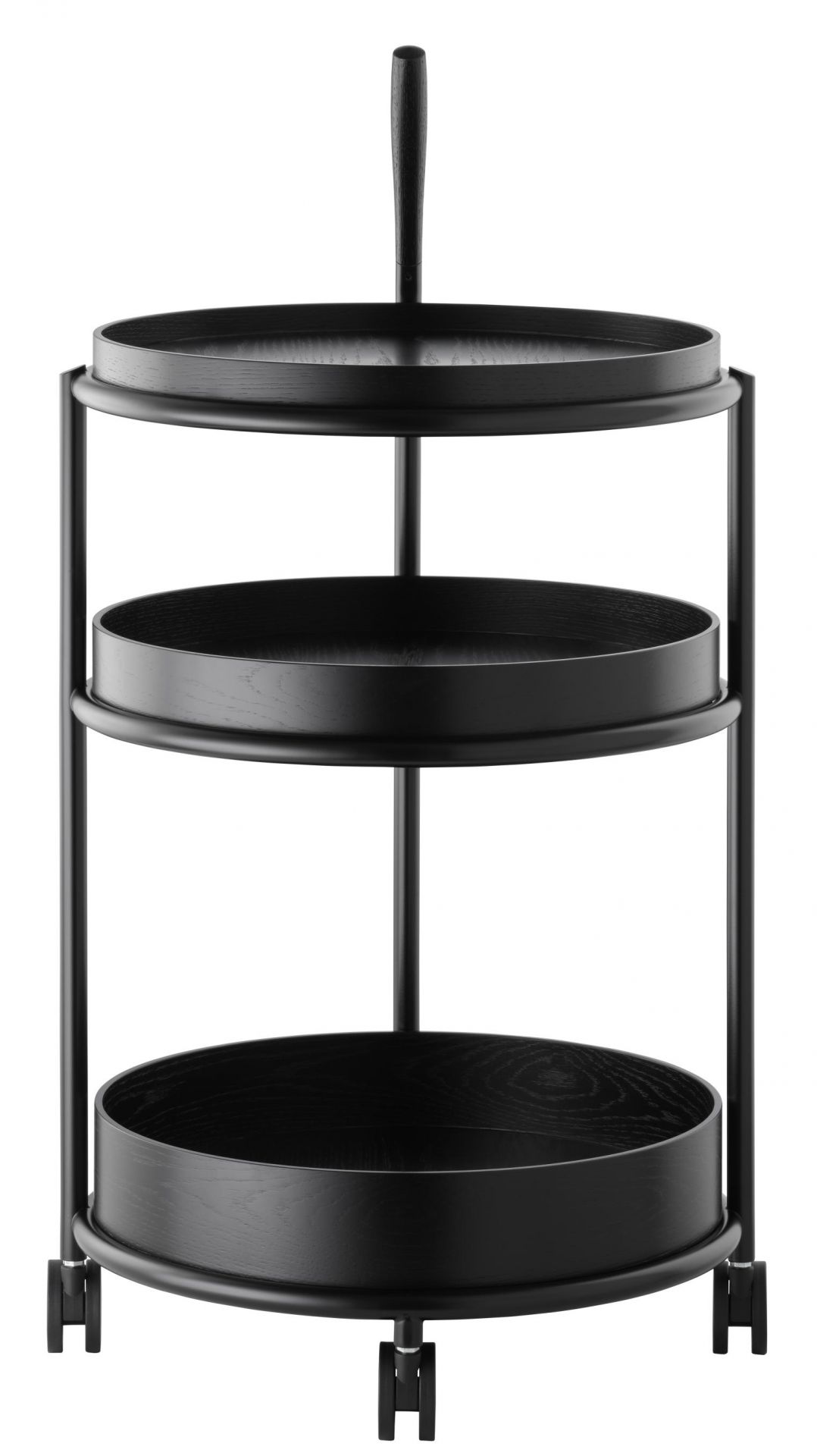 Schwarzer K6 Servierwagen von Tecta mit drei Etagen und Rollen. Moderner Trolley für Küche und Wohnzimmer.