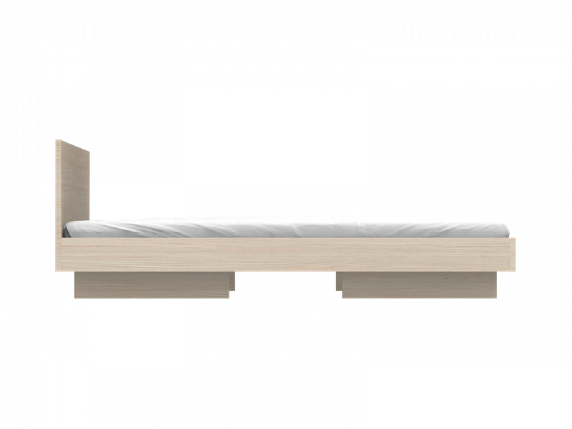 ZIANS Bett Large mit hellem Holzrahmen, geteilten Beinen und weißer Bettwäsche, Seitenansicht.