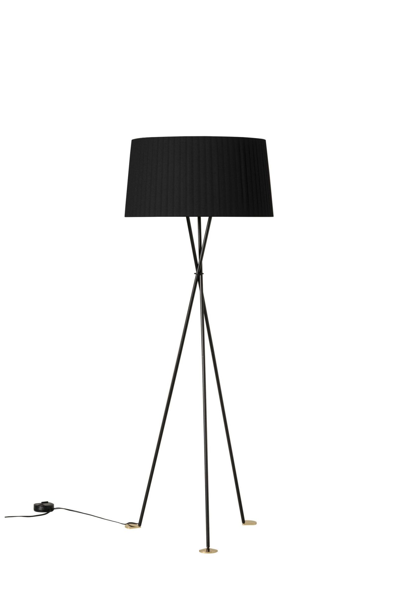 Tripode G5 Stehleuchte von Santa & Cole in Schwarz mit plissiertem Lampenschirm und Stativfuß.