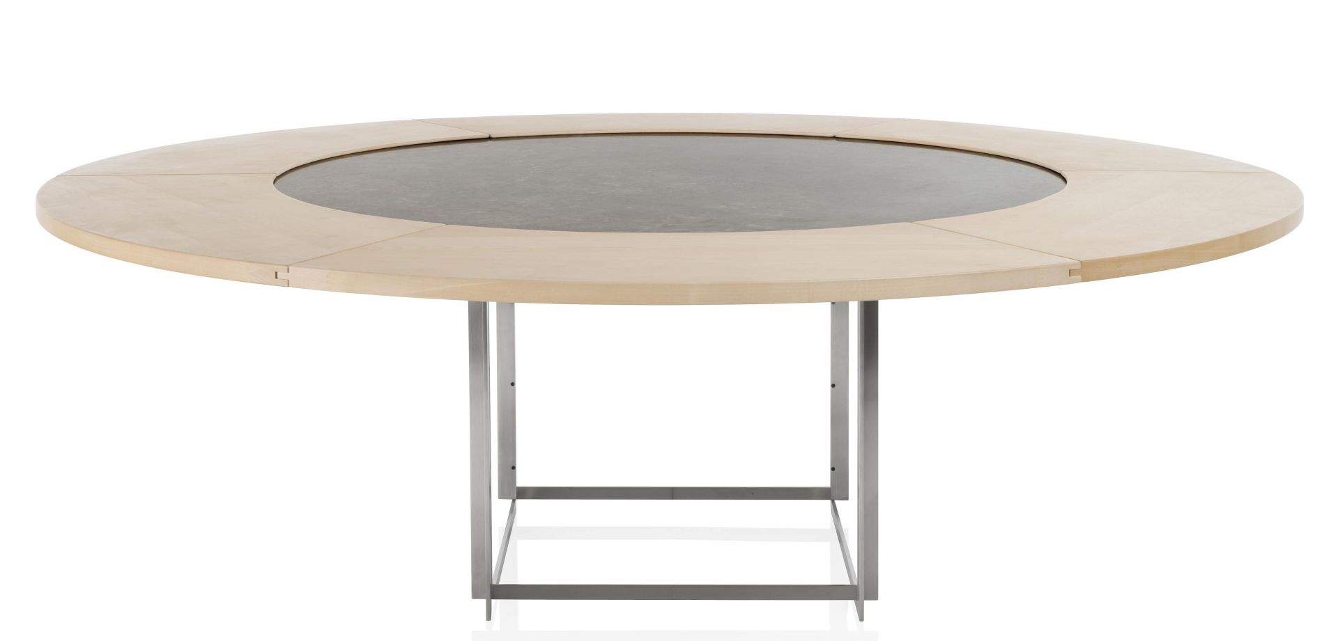 PK54 Esstisch von Fritz Hansen, runder Holztisch mit grauer Tischplatte und Stahlgestell.