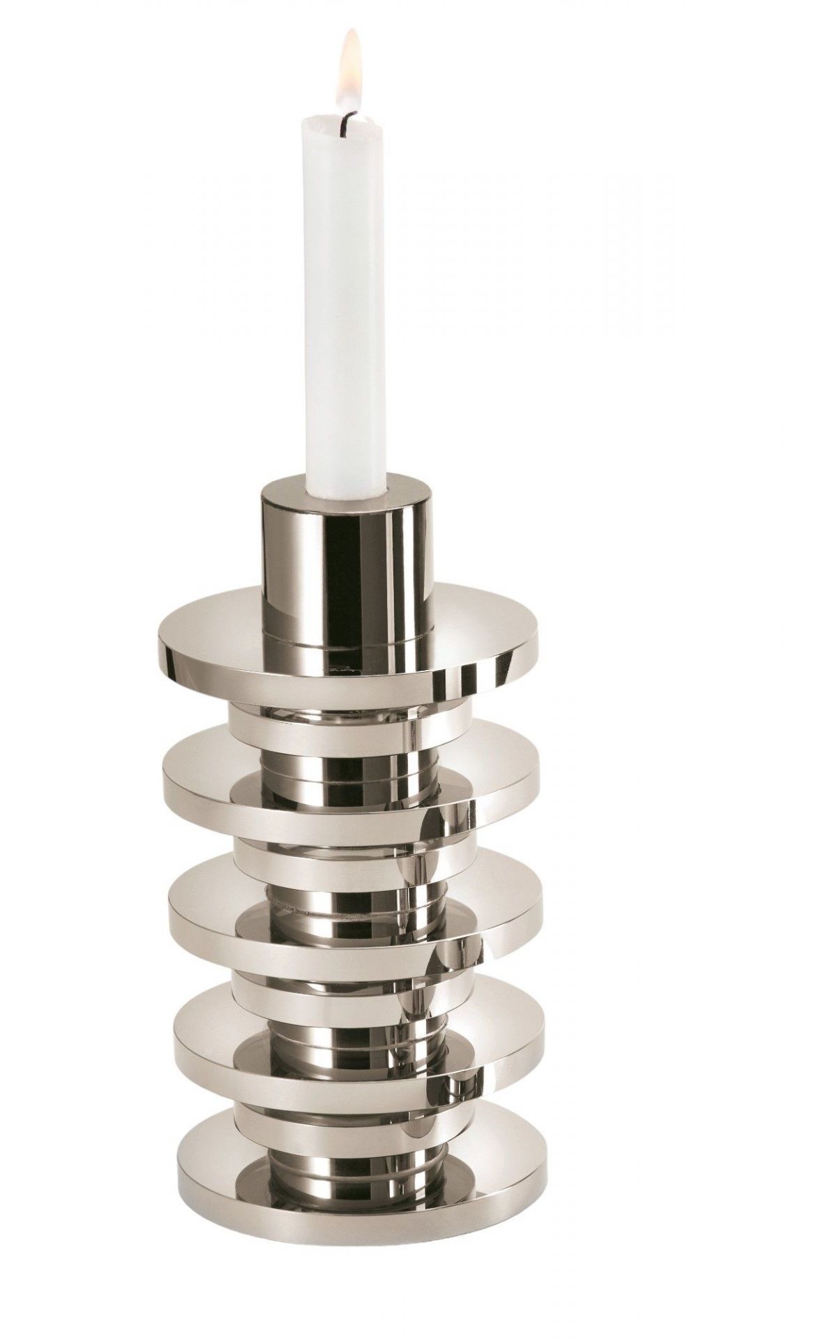 ASCOLI Vase/Kerzenhalter von Philippi: Moderner, silberner Kerzenständer mit brennender, weißer Kerze für stimmungsvolle Beleuchtung.