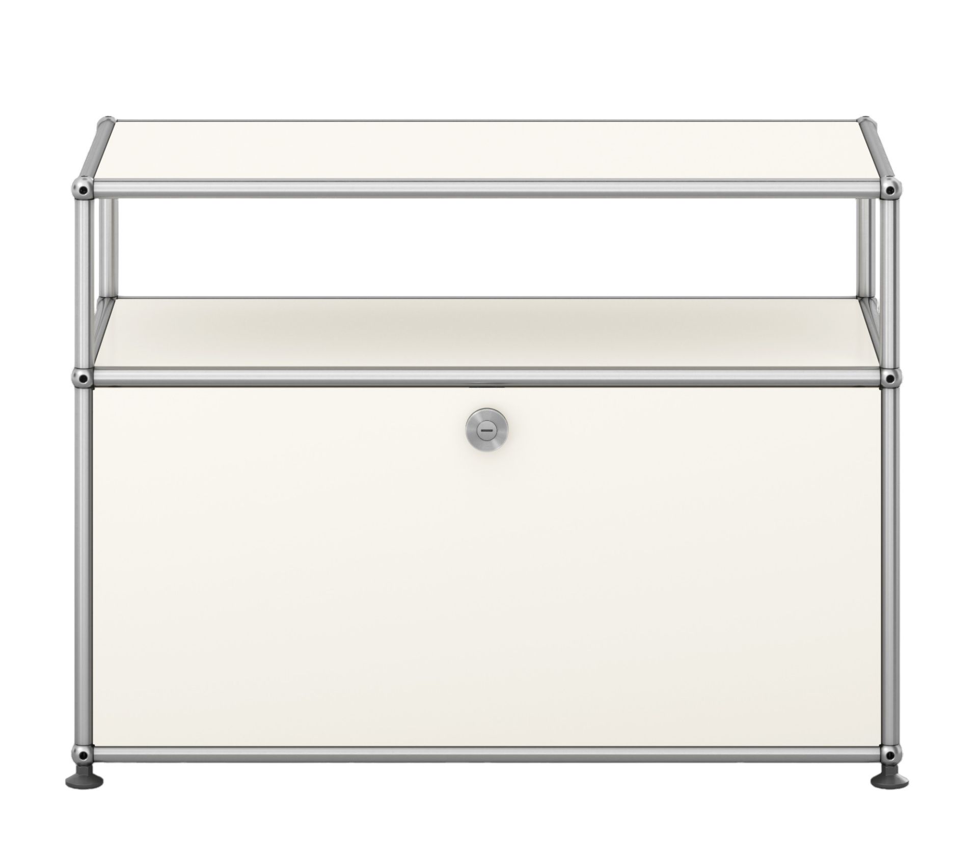 USM Haller Beistellmöbel in Reinweiß mit einem offenen Fach und abschließbarer Tür.