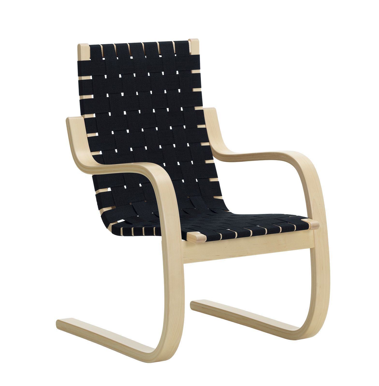 Armchair 406 Sessel von Artek mit hellem Holzrahmen und schwarzer Stoffbespannung. Designklassiker.