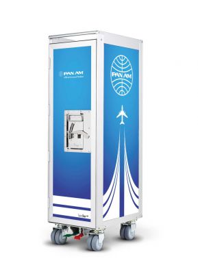 Pan Am Bordbar Flugzeugtrolley mit blau-weißem Design und Flugzeug-Motiv, ideal als Bar oder Möbelstück.