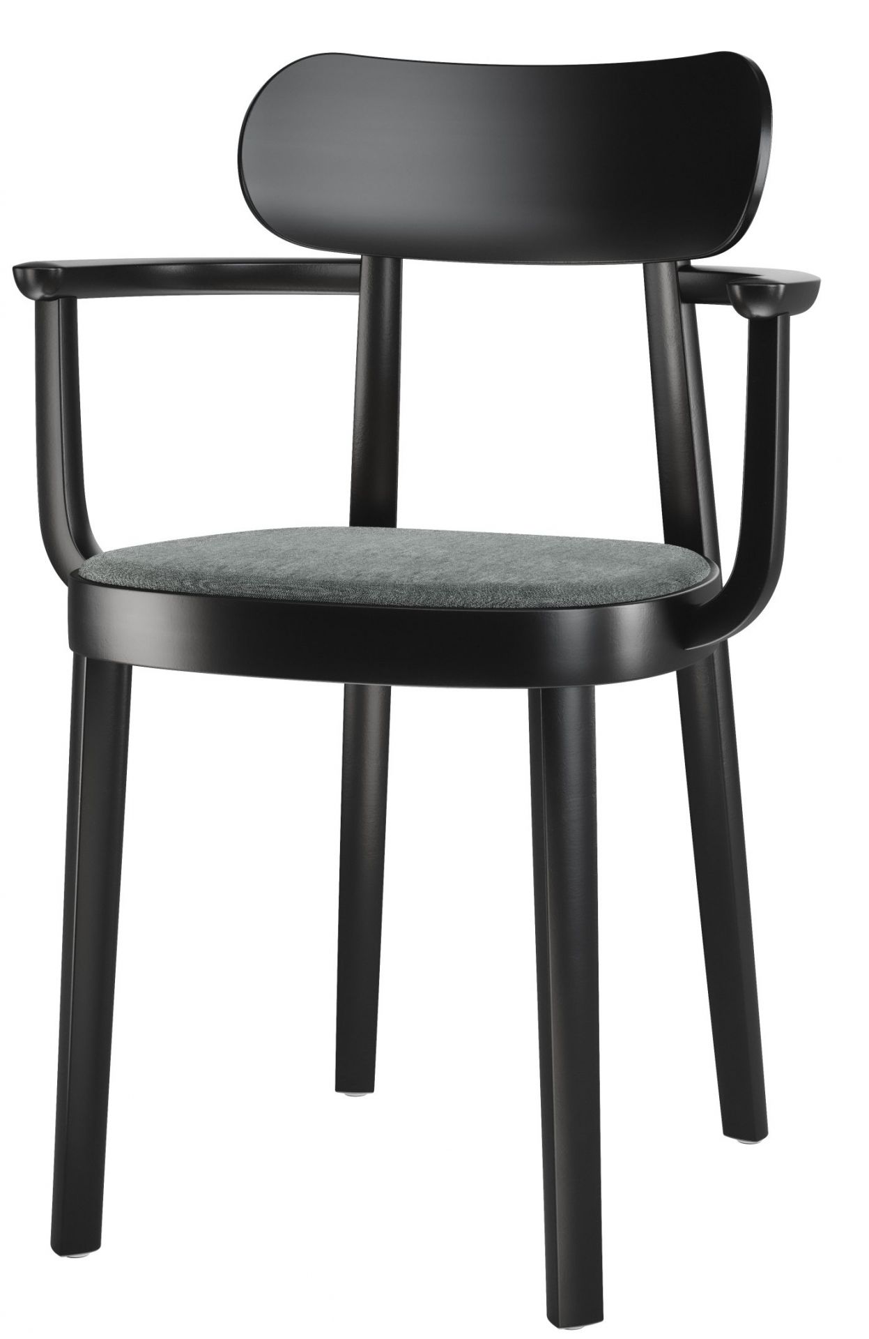 Schwarzer Holzstuhl mit Armlehnen und grauem Sitzpolster, Modell 118 SPF Thonet.