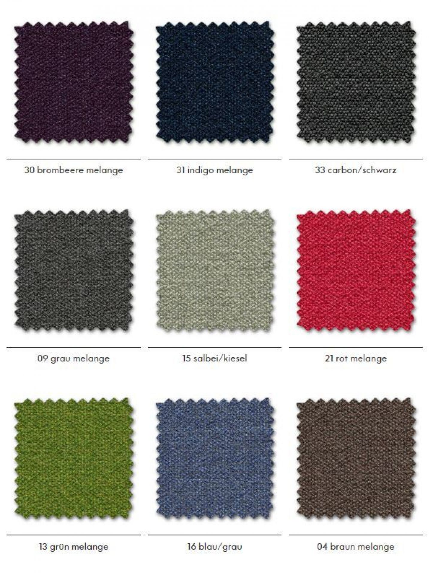 Dumet Stoffmusterkarte Vitra: Übersicht verschiedener Stoffmuster in Melange-Farben für Möbel und Polster.