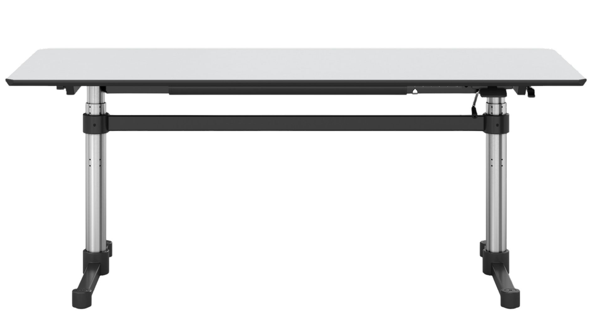 USM Haller Kitos M Schreibtisch mit weißer Tischplatte und silbernen Beinen, modernes Design für Büro und Homeoffice.