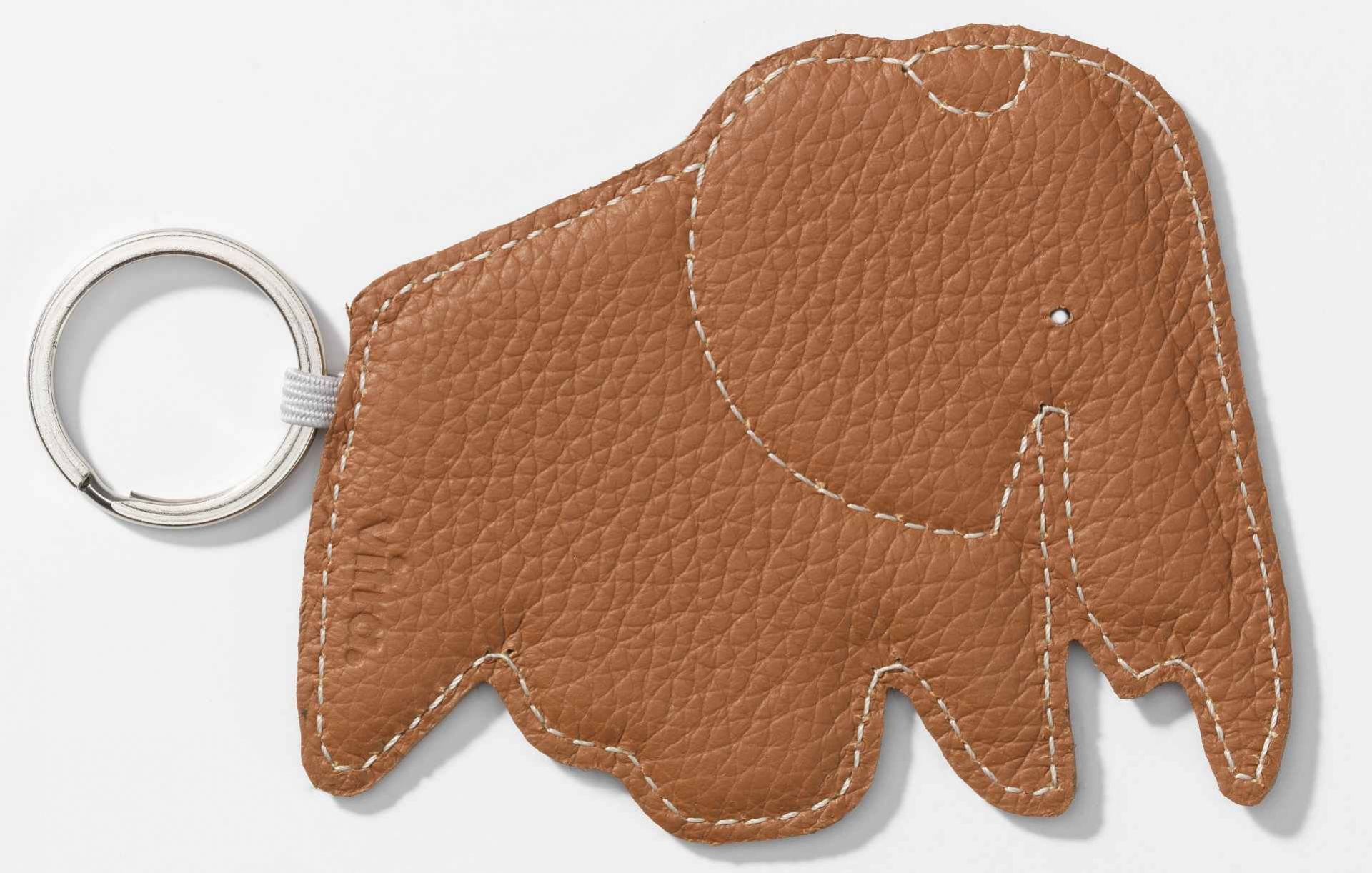 Keyring Schlüsselanhänger in Elefantenform, Vitra Design, aus cognacfarbenem Leder mit silbernem Schlüsselring.