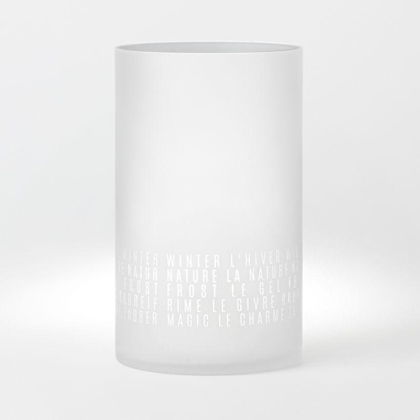 Räder Winterzauber Windlicht, mattweißes Glas mit dreisprachigen Wintermotiven, stimmungsvolle Dekoration für die Adventszeit.