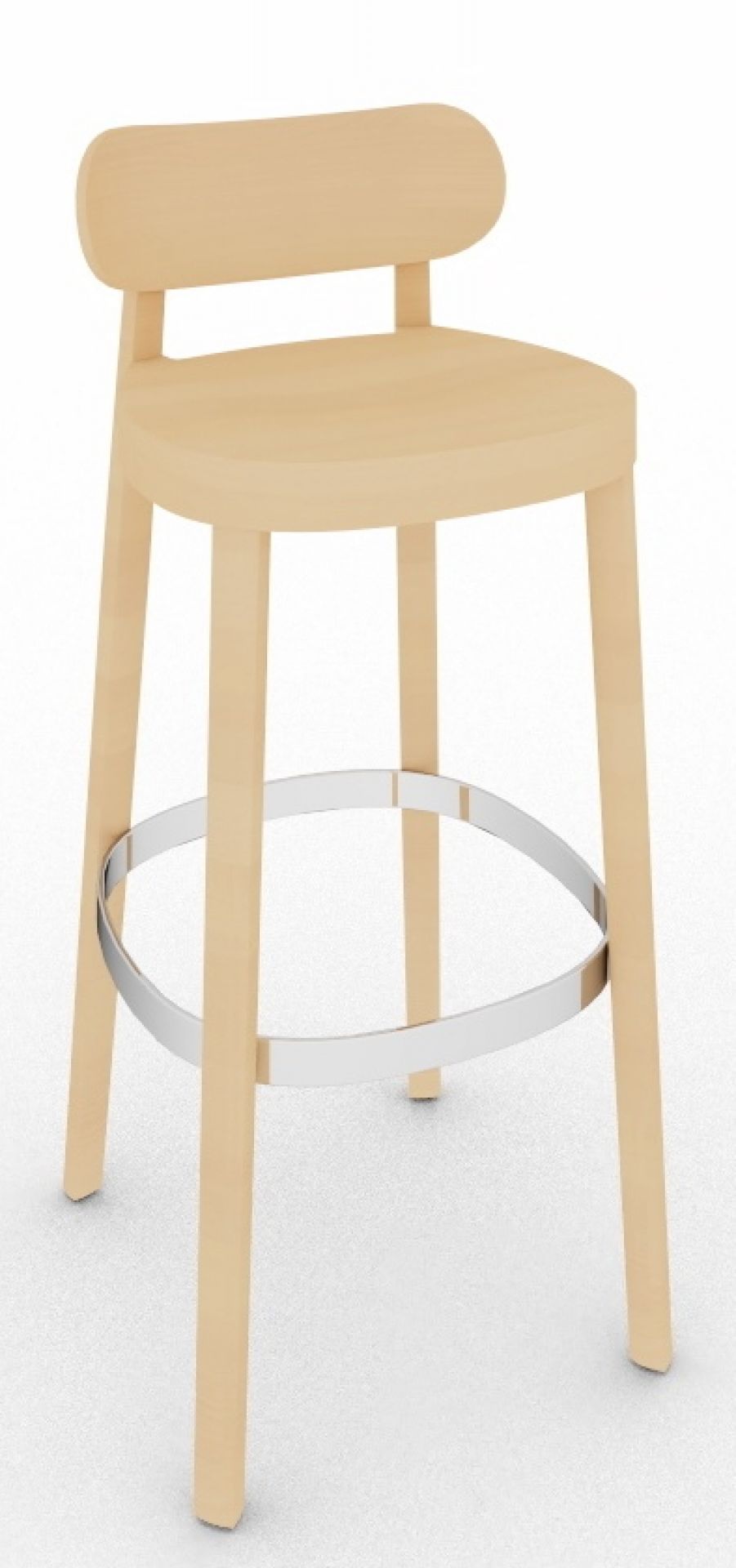 Holzstuhl / Barhocker mit Rückenlehne und Fußstütze aus Metall. Thonet Design Sitzmöbel.