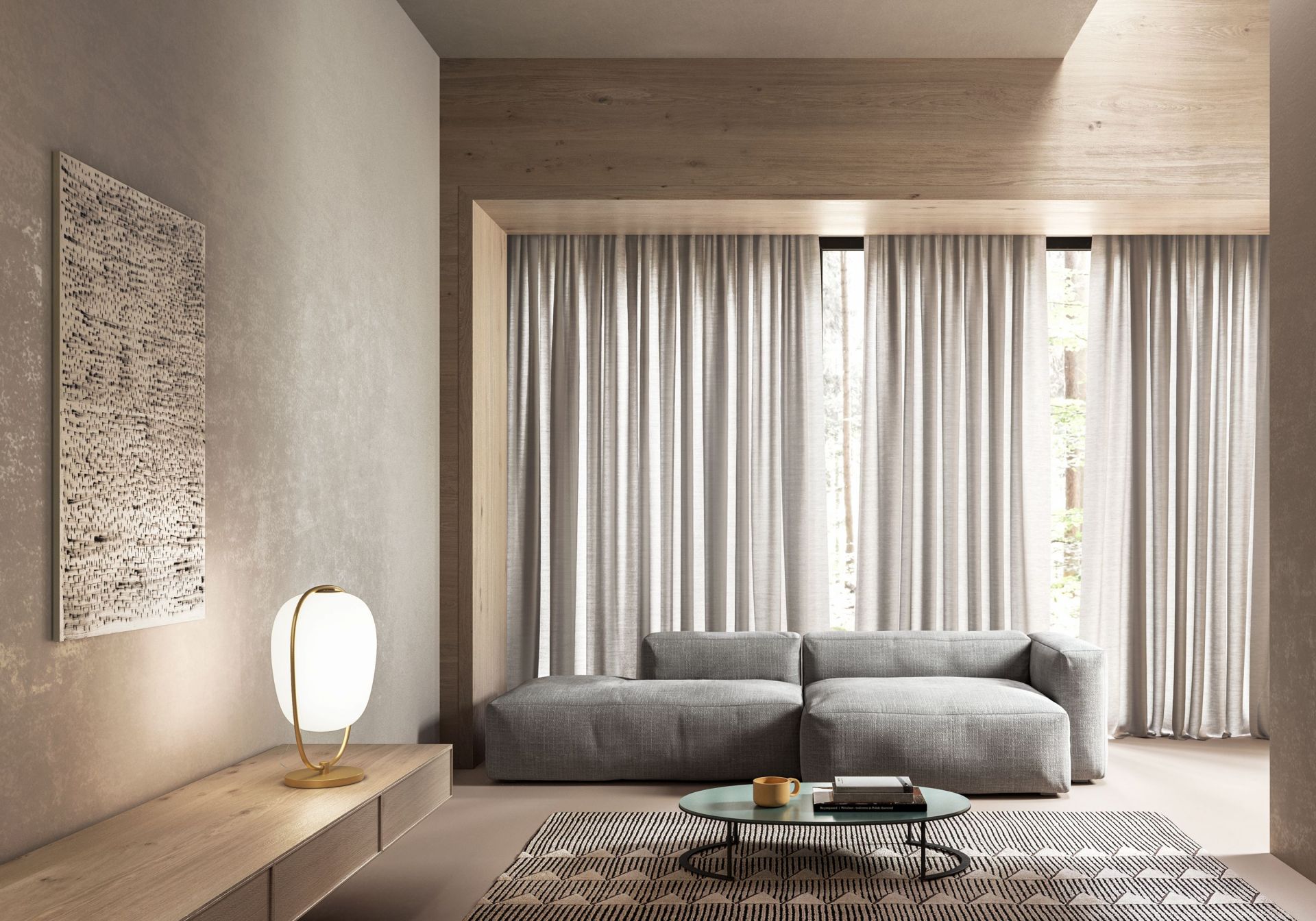 Lannà Table Tischleuchte Messing Kdln auf Holzkonsole in modernem Wohnzimmer mit Sofa und Teppich.