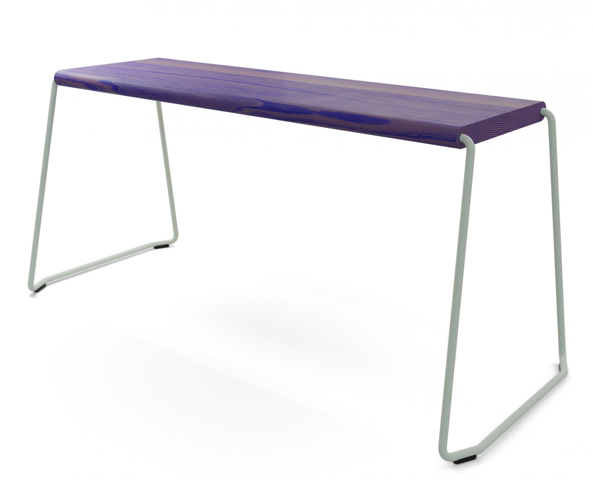 D:004 Bank Ultraviolett: Moderne Holzbank mit violettem Sitz und hellgrünem Metallgestell. Designermöbel für Wohnraum und Büro.