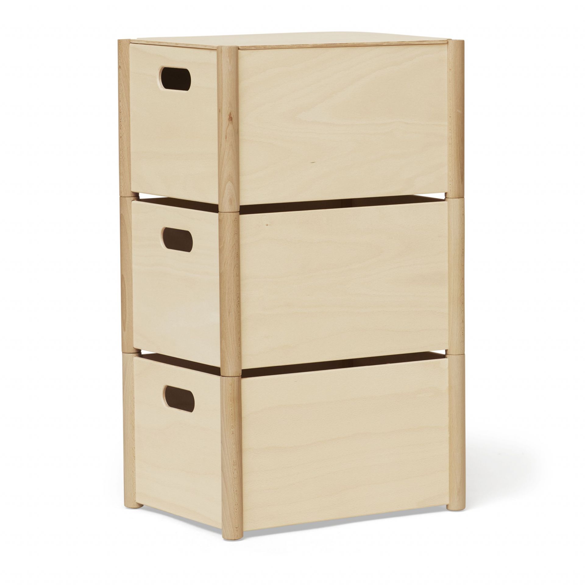 Drei gestapelte Pillar Box Aufbewahrungsboxen aus hellem Holz mit Griffen für Kinderzimmer.