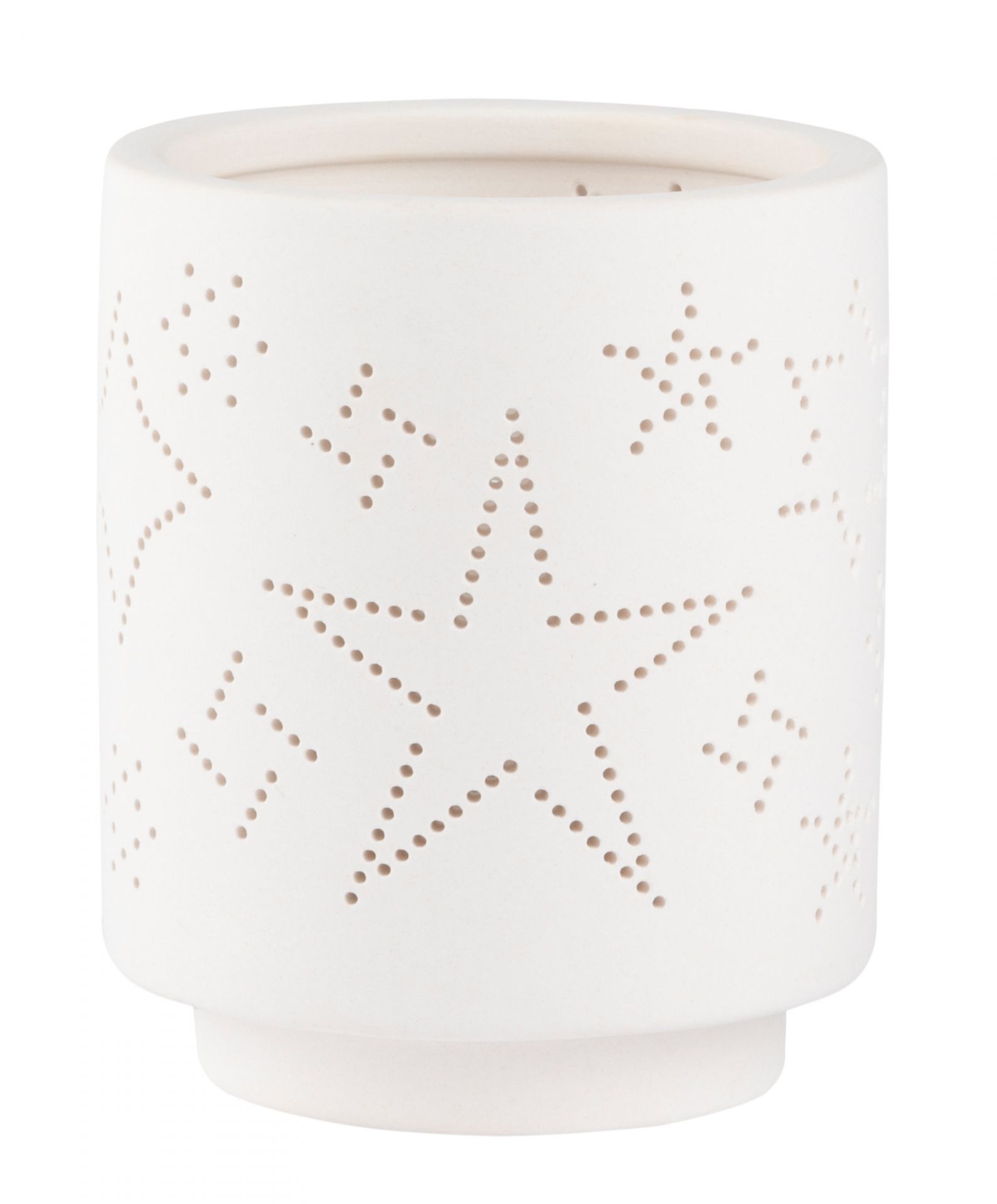 Weißes Windlicht aus der Living Licht Räder Kollektion mit Sternen- und Punktmuster.