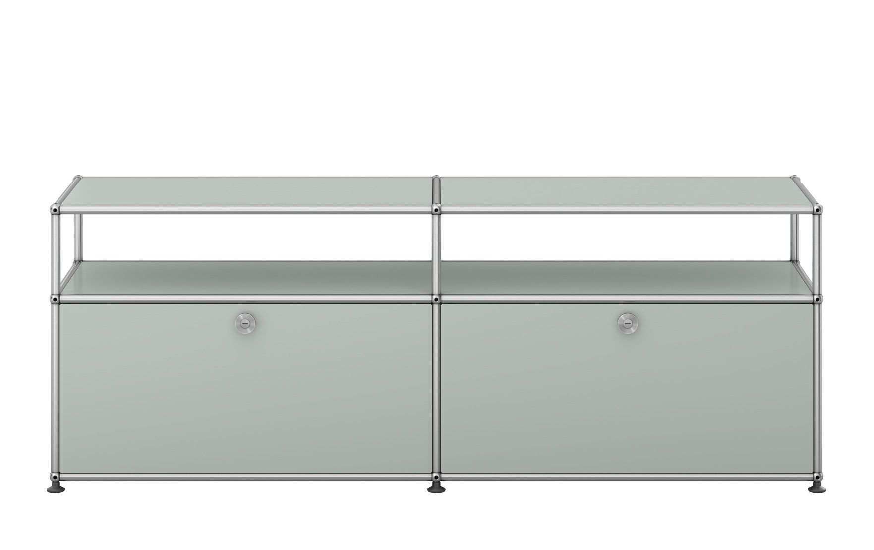 USM Haller Sideboard in Lichtgrau mit zwei abschließbaren Fächern, ideal als TV- und Hi-Fi-Möbel.