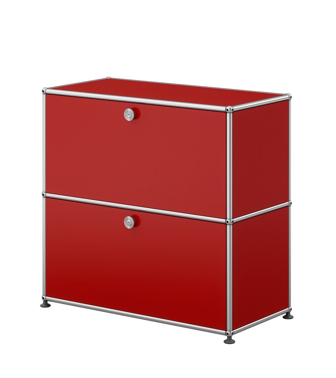 Kleines, rubinrotes USM Haller Sideboard mit zwei abschließbaren Fächern und verchromtem Stahlrohrgestell.