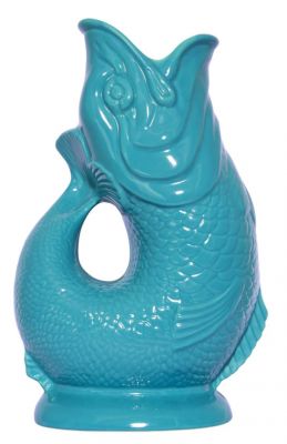 Türkisfarbene Gluckigluck Karaffe in Fischform, XL Vase aus Keramik für Wasser oder Blumen.
