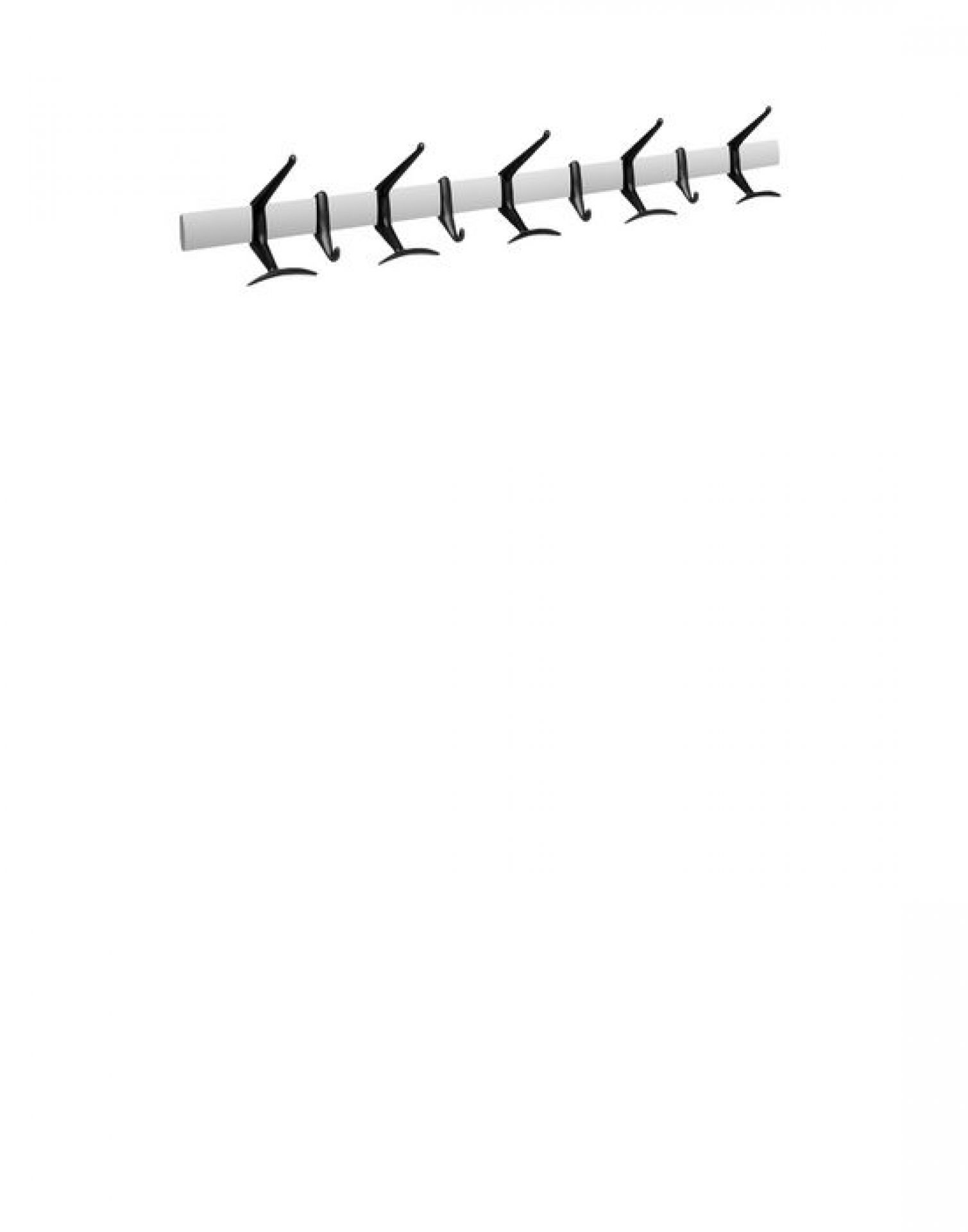 Helle Kartell Hanger Wandgarderobe mit sieben schwarzen Haken an einer weißen Stange.