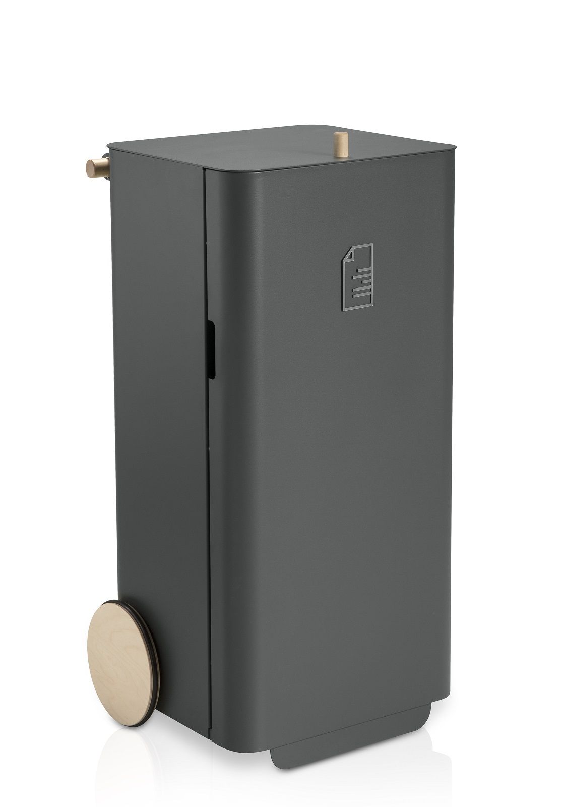 Arkityp Bin Mülleimer zur Mülltrennung in Anthrazit mit Rollen und Holzdetails für Büro und Gewerbe.
