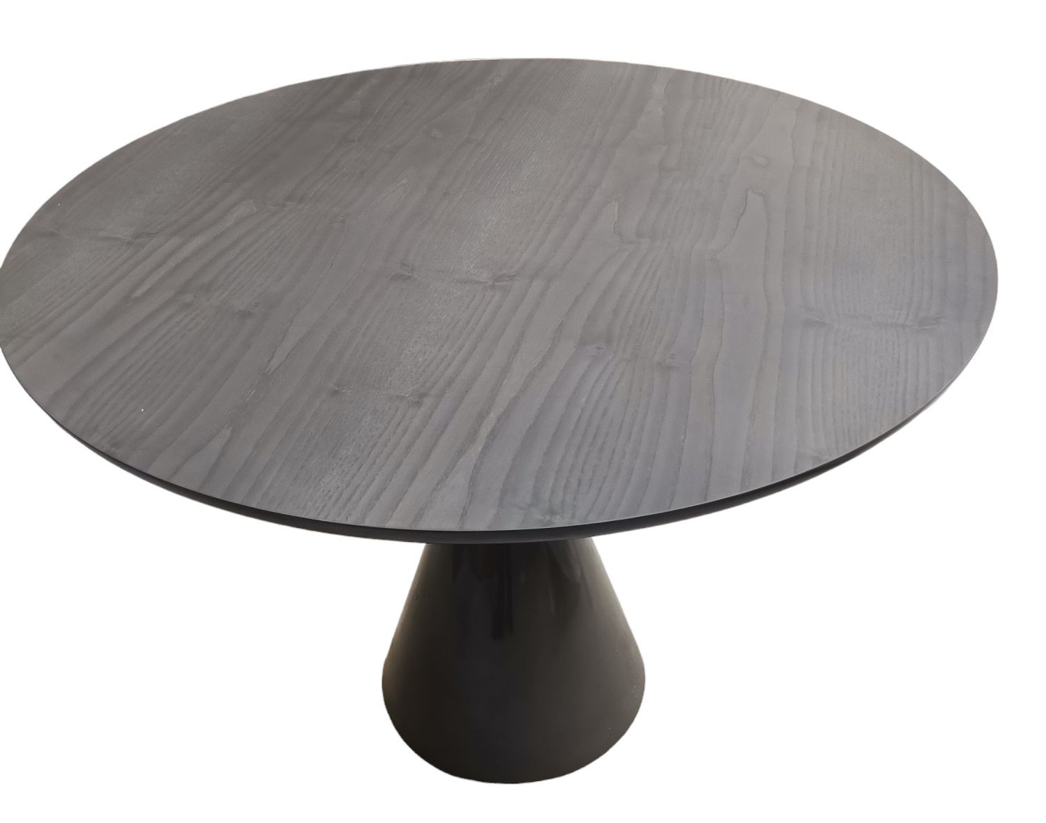 Anthrazitfarbener, runder Pion Esstisch von Sancal mit Holzplatte und konischem Fuß für Esszimmer und Küche.