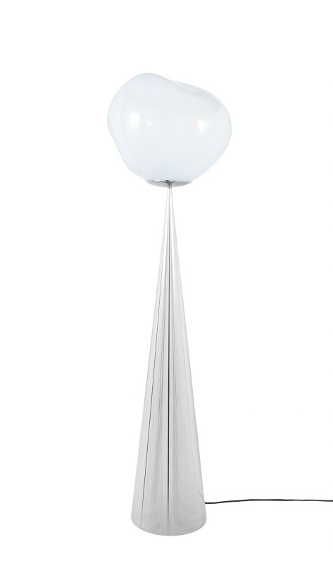 Silberne Melt Cone Stehleuchte von Tom Dixon mit opalweißem Lampenschirm. Designleuchte für Wohnzimmer.