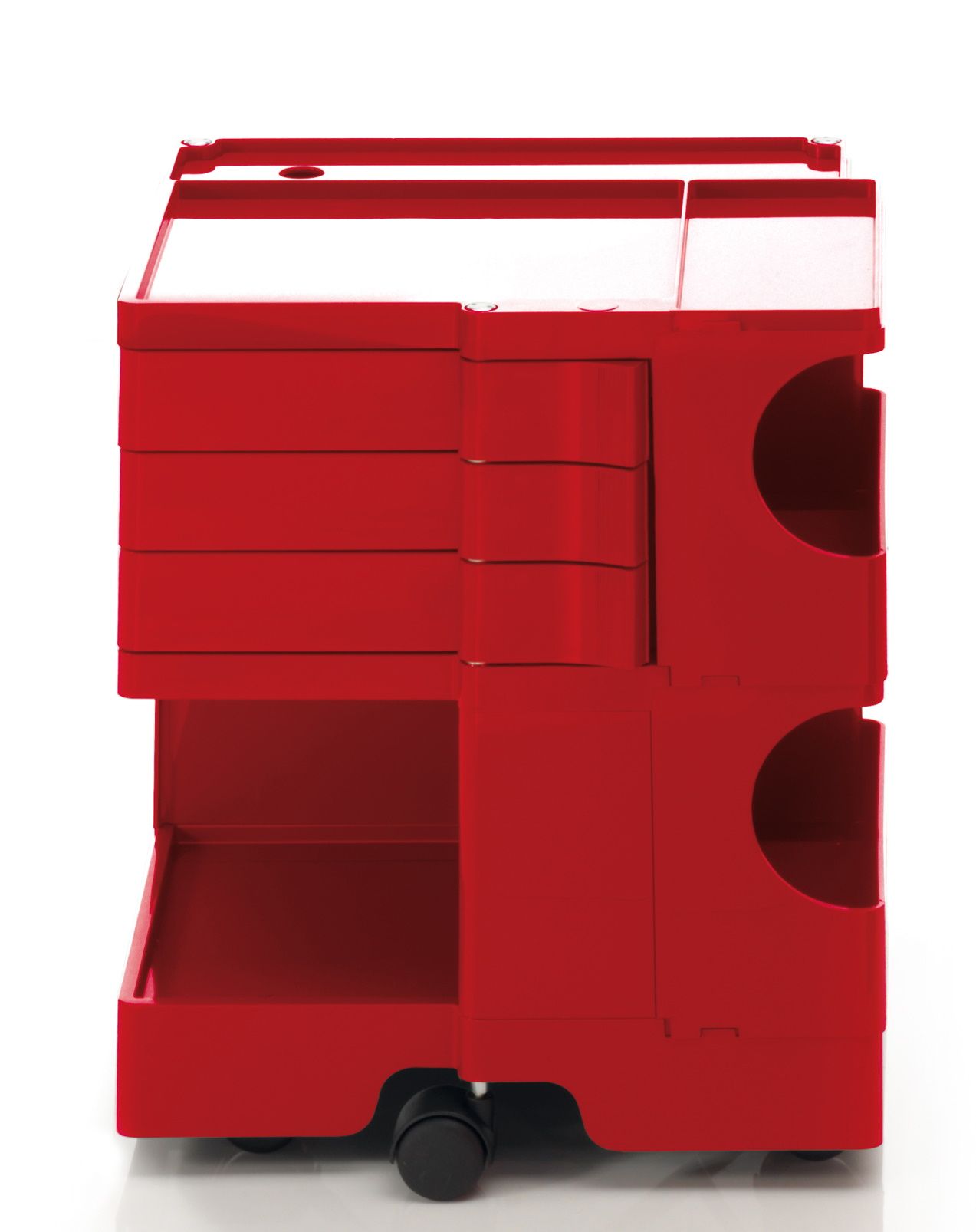 Roter Boby B23 Rollcontainer mit Schubladen und Fächern für Bürobedarf und Arbeitsplatzorganisation.